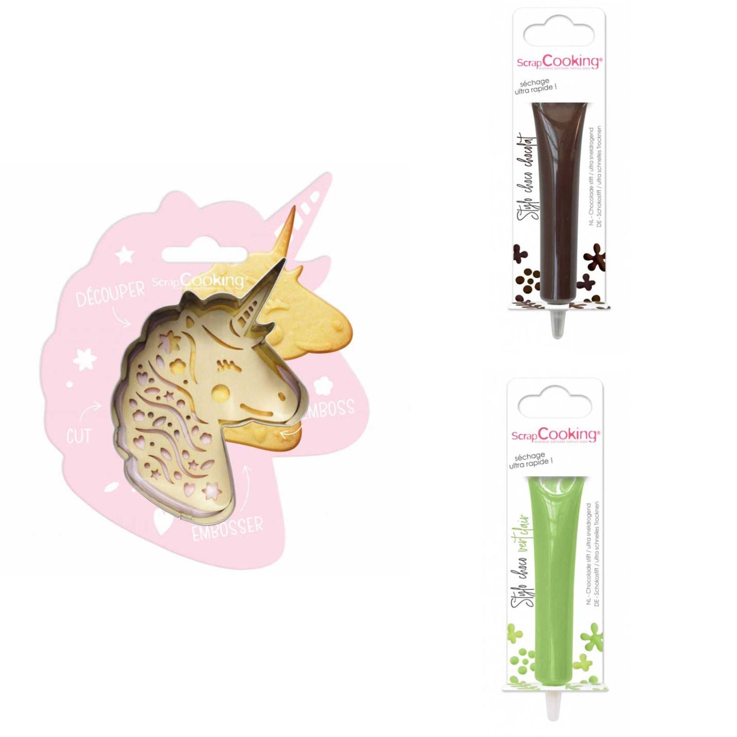 Kit pour biscuit en relief Licorne + 2 Stylos au chocolat marron et vert clair Scrapcooking - Mathon