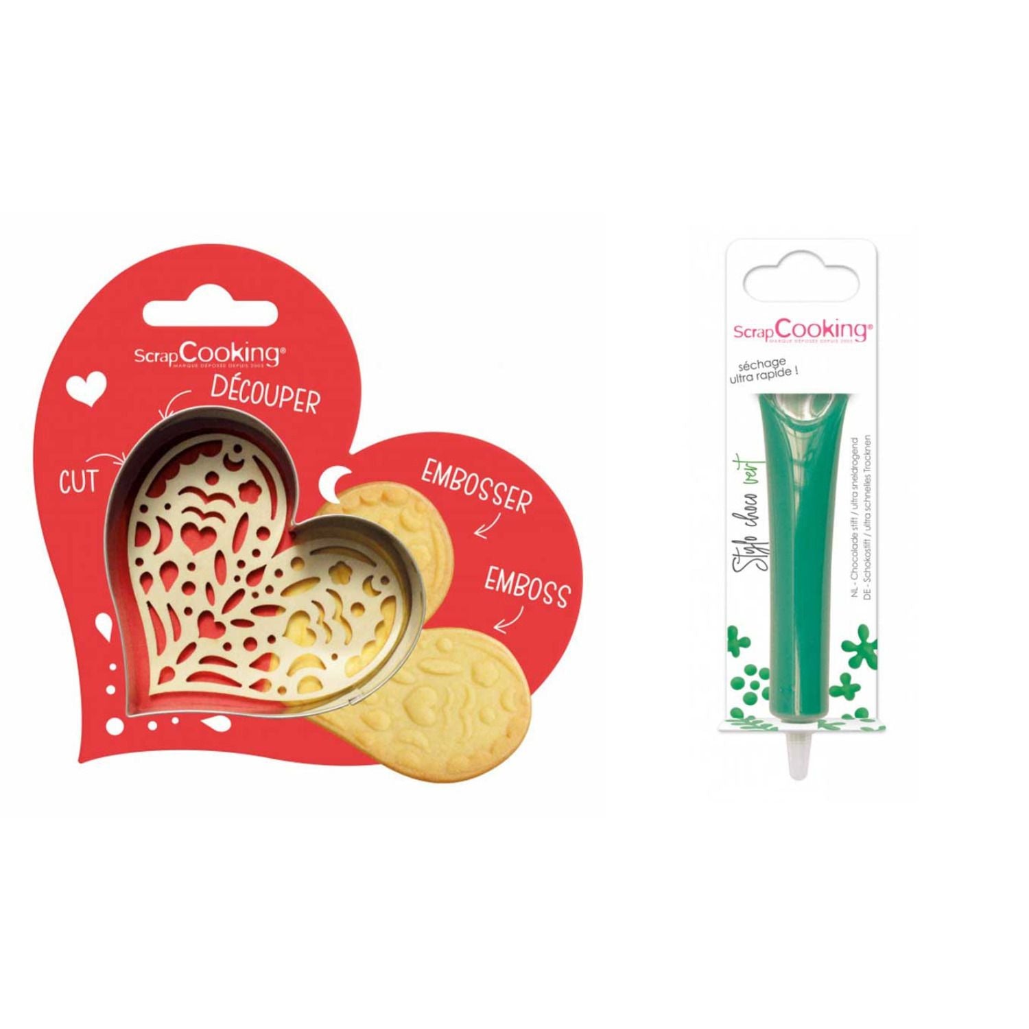 Kit pour biscuit en relief Coeur + Stylo au chocolat vert Scrapcooking - Mathon