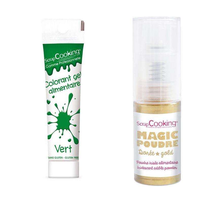 Gel colorant alimentaire vert + Poudre irisée dorée Scrapcooking - Mathon