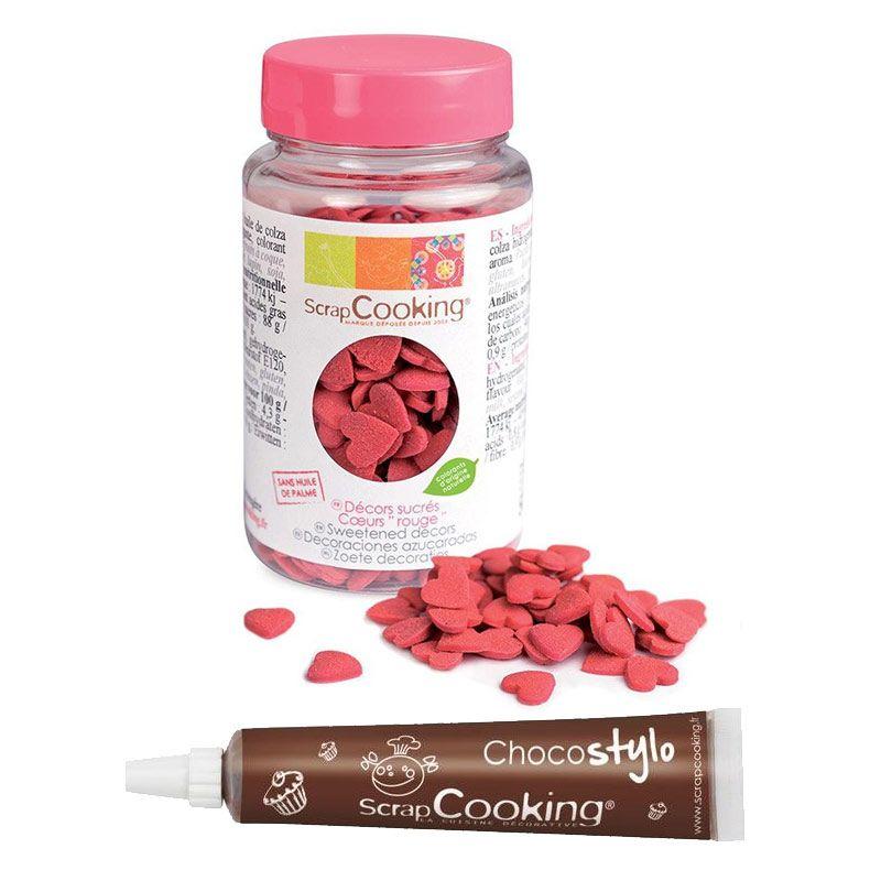 Décors sucrés coeurs rouges + Stylo chocolat Scrapcooking - Mathon