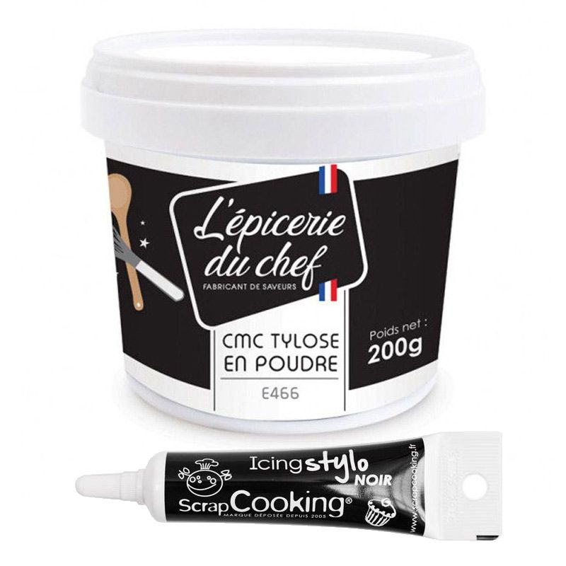Colle alimentaire en poudre CMC 200 g + Stylo de glaçage noir Scrapcooking - Mathon