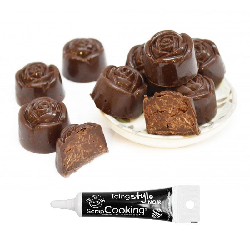 Moule à chocolats rigide Roses + Stylo de glaçage noir Scrapcooking - Mathon