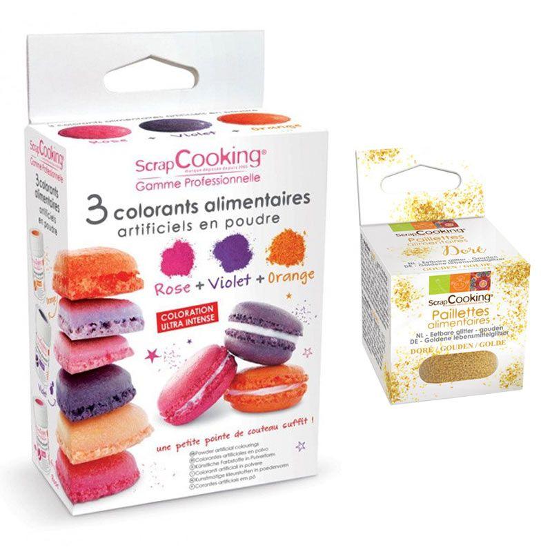 3 colorants alimentaires orange, violet, rose + paillettes dorées Scrapcooking - Mathon