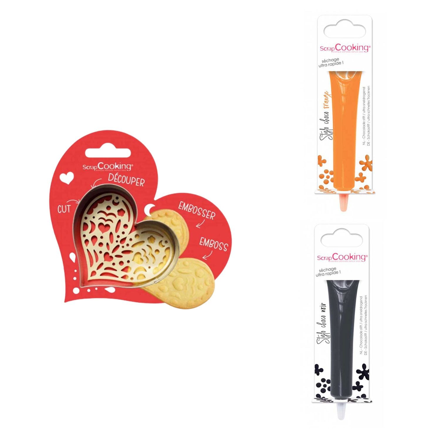Kit pour biscuit en relief Coeur + 2 Stylos au chocolat orange et noir Scrapcooking - Mathon