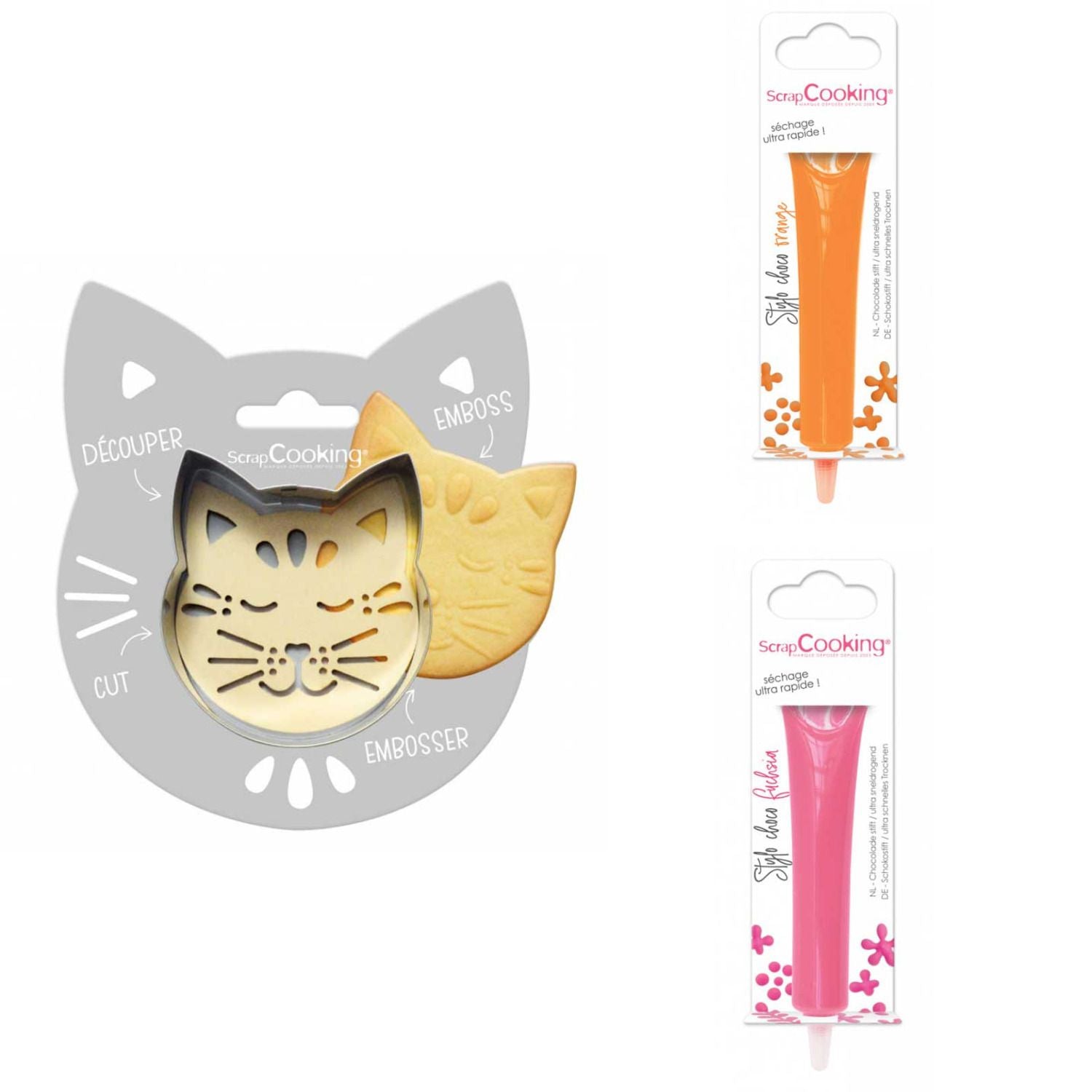 Kit pour biscuit en relief Chat + 2 Stylos au chocolat orange et fuchsia Scrapcooking - Mathon