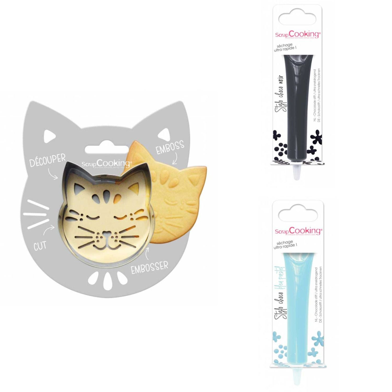 Kit pour biscuit en relief Chat + 2 Stylos au chocolat noir et bleu pastel Scrapcooking - Mathon