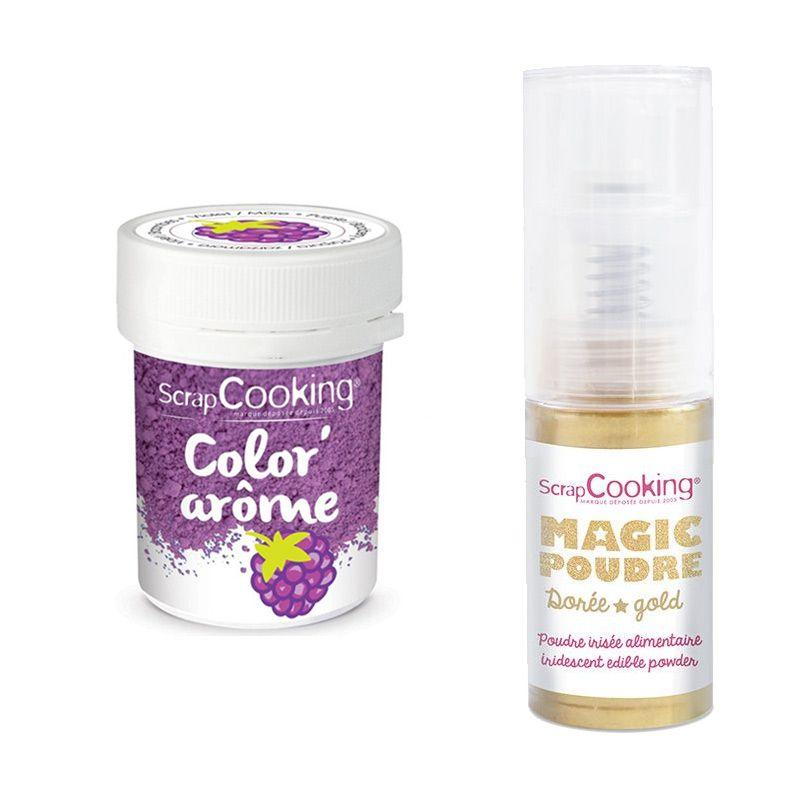 Colorant alimentaire violet arôme mûre + Poudre alimentaire irisée dorée Scrapcooking - Mathon
