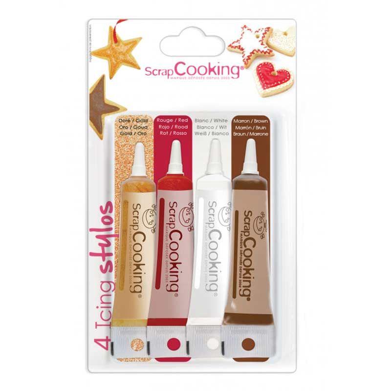 4 stylos de glaçage or, chocolat, blanc et rouge Scrapcooking - Mathon