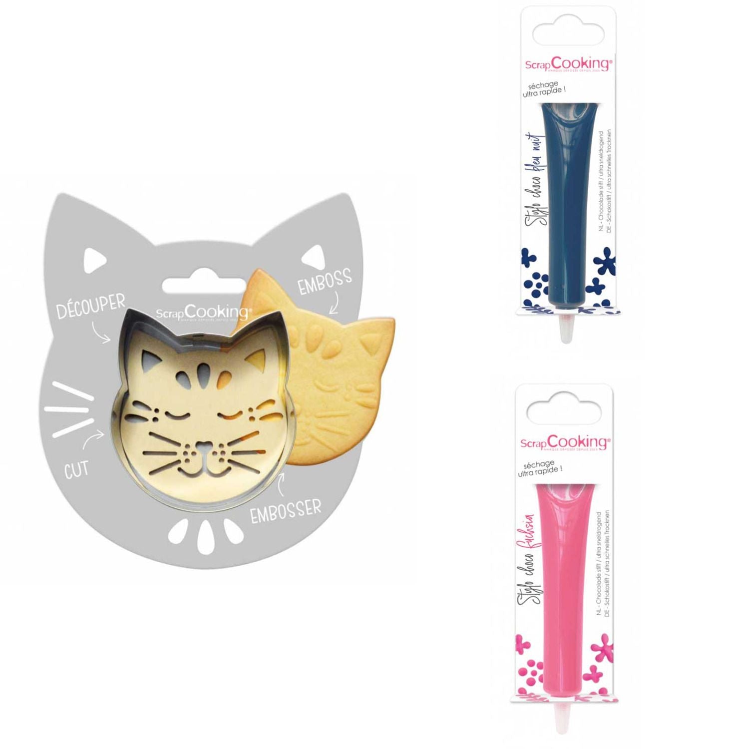 Kit pour biscuit en relief Chat + 2 Stylos au chocolat bleu nuit et fuchsia Scrapcooking - Mathon
