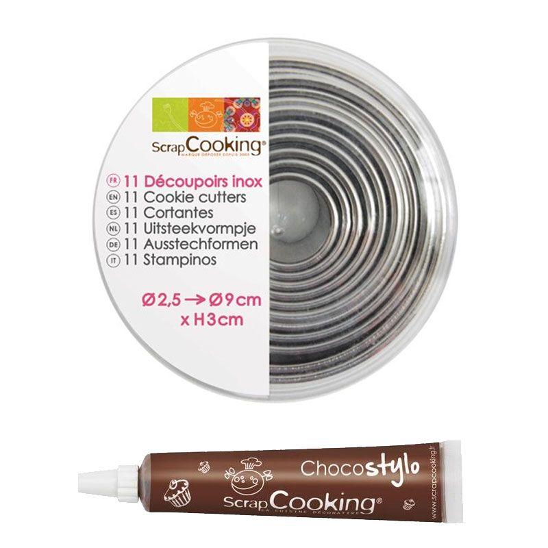 11 emporte-pièces ronds en inox + 1 Stylo chocolat Scrapcooking - Mathon