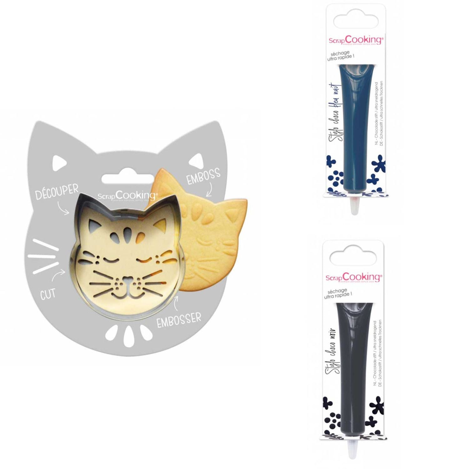 Kit pour biscuit en relief Chat + 2 Stylos au chocolat bleu nuit et noir Scrapcooking - Mathon
