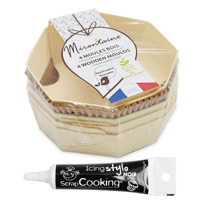 4 moules en bois ronds + 8 caissettes de cuisson + Stylo de glaçage noir Scrapcooking - Mathon