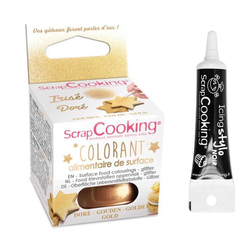 Colorant alimentaire de surface en poudre doré + Stylo de glaçage noir Scrapcooking - Mathon