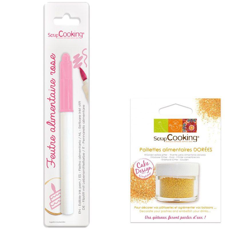 Feutre alimentaire rose + paillettes dorées Scrapcooking - Mathon