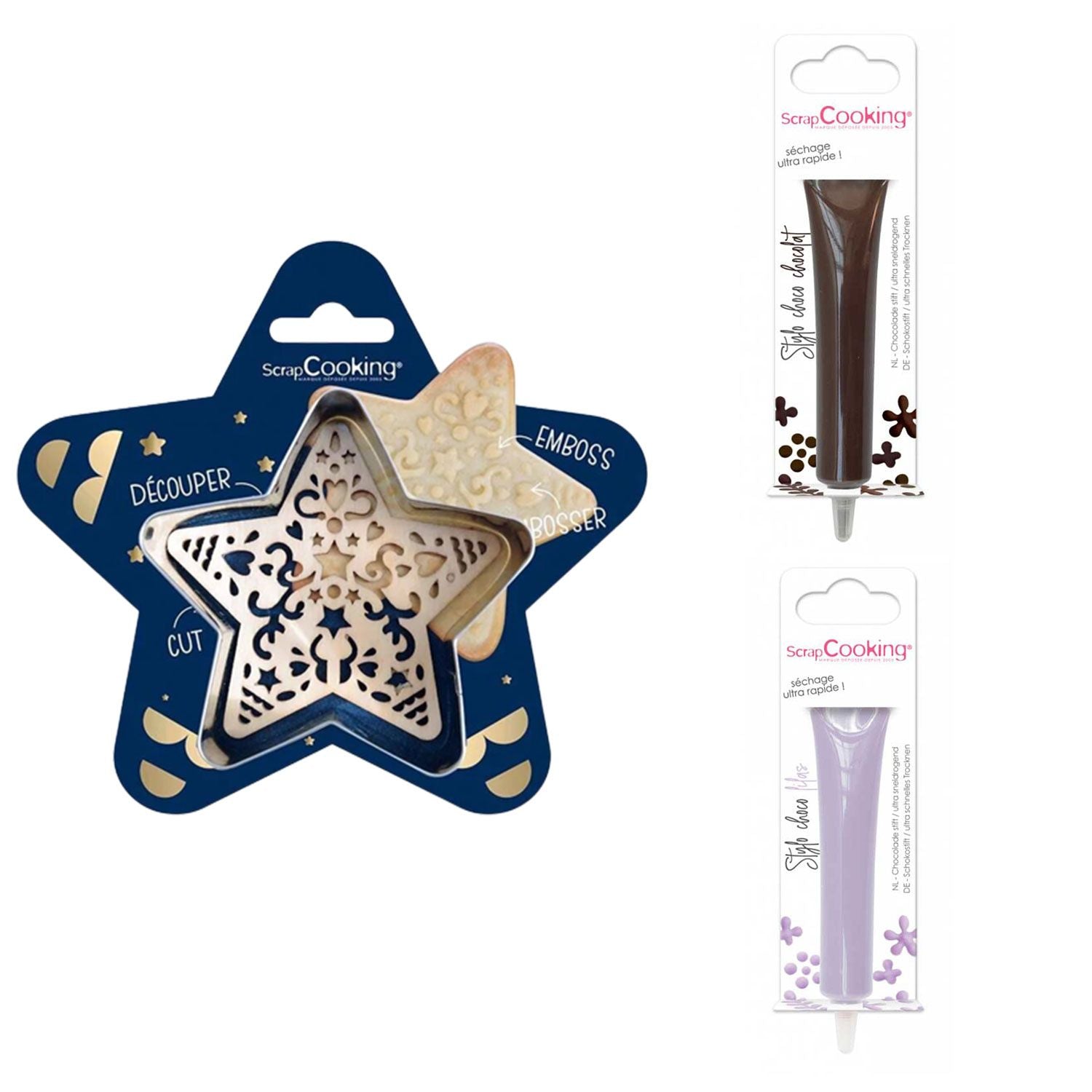 Kit pour biscuit en relief Étoile + 2 Stylos au chocolat marron et lilas Scrapcooking - Mathon