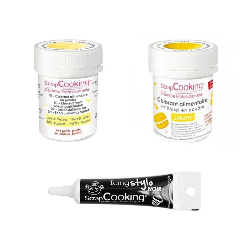 2 colorants alimentaires jaune pastel-jaune + Stylo glaçage noir Scrapcooking - Mathon