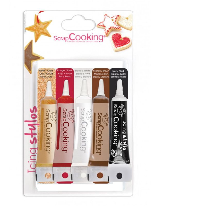 5 stylos de glaçage doré, chocolat, noir, blanc & rouge Scrapcooking - Mathon