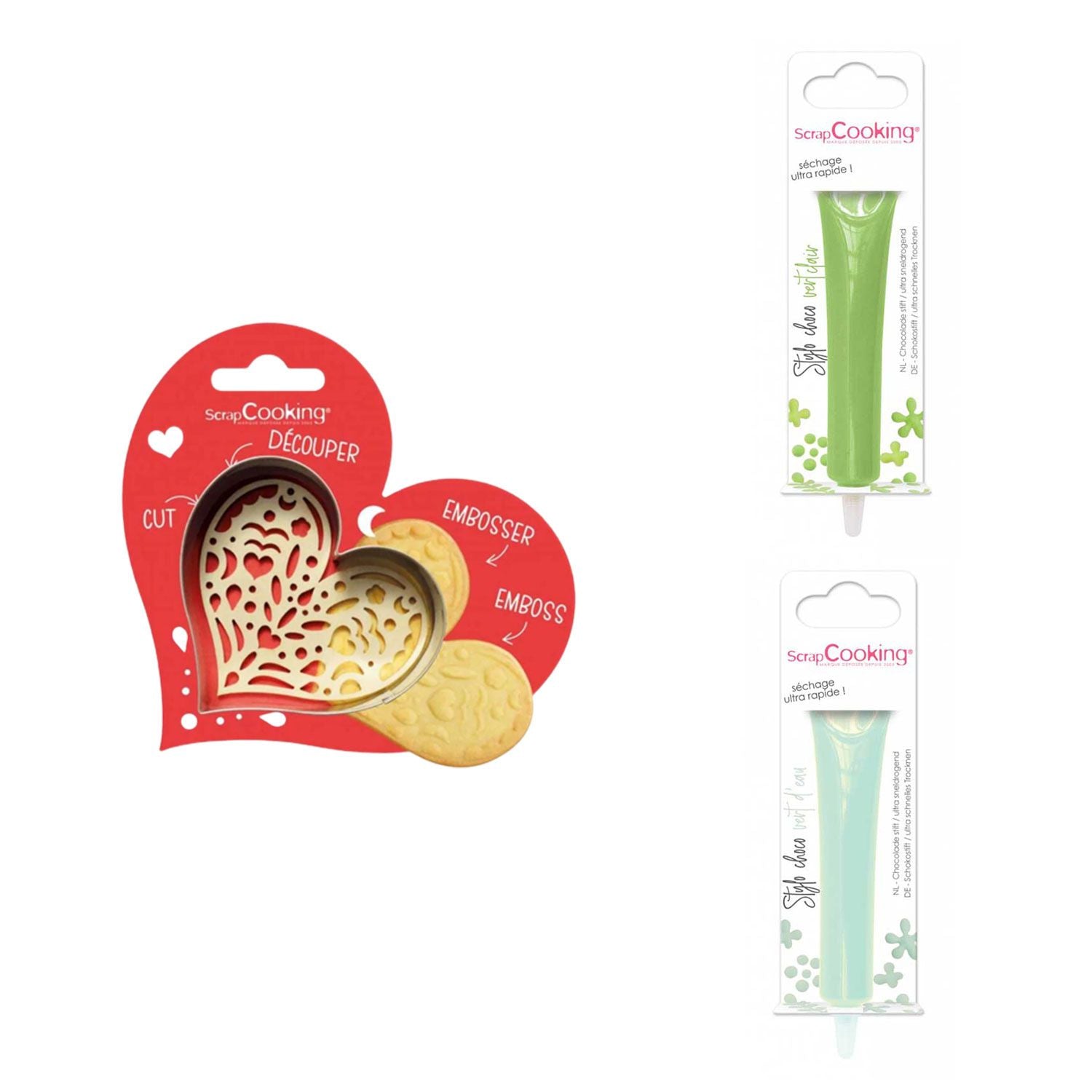 Kit pour biscuit en relief Coeur + 2 Stylos au chocolat vert clair et vert d