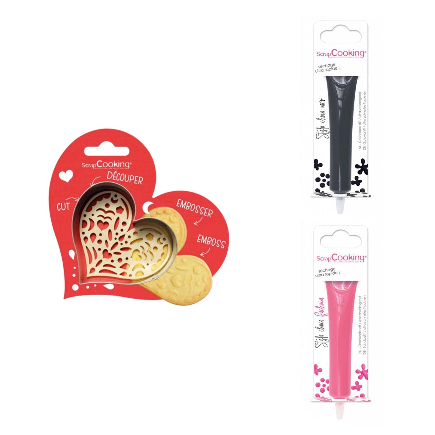 Kit pour biscuit en relief Coeur + 2 Stylos au chocolat noir et fuchsia Scrapcooking - Mathon