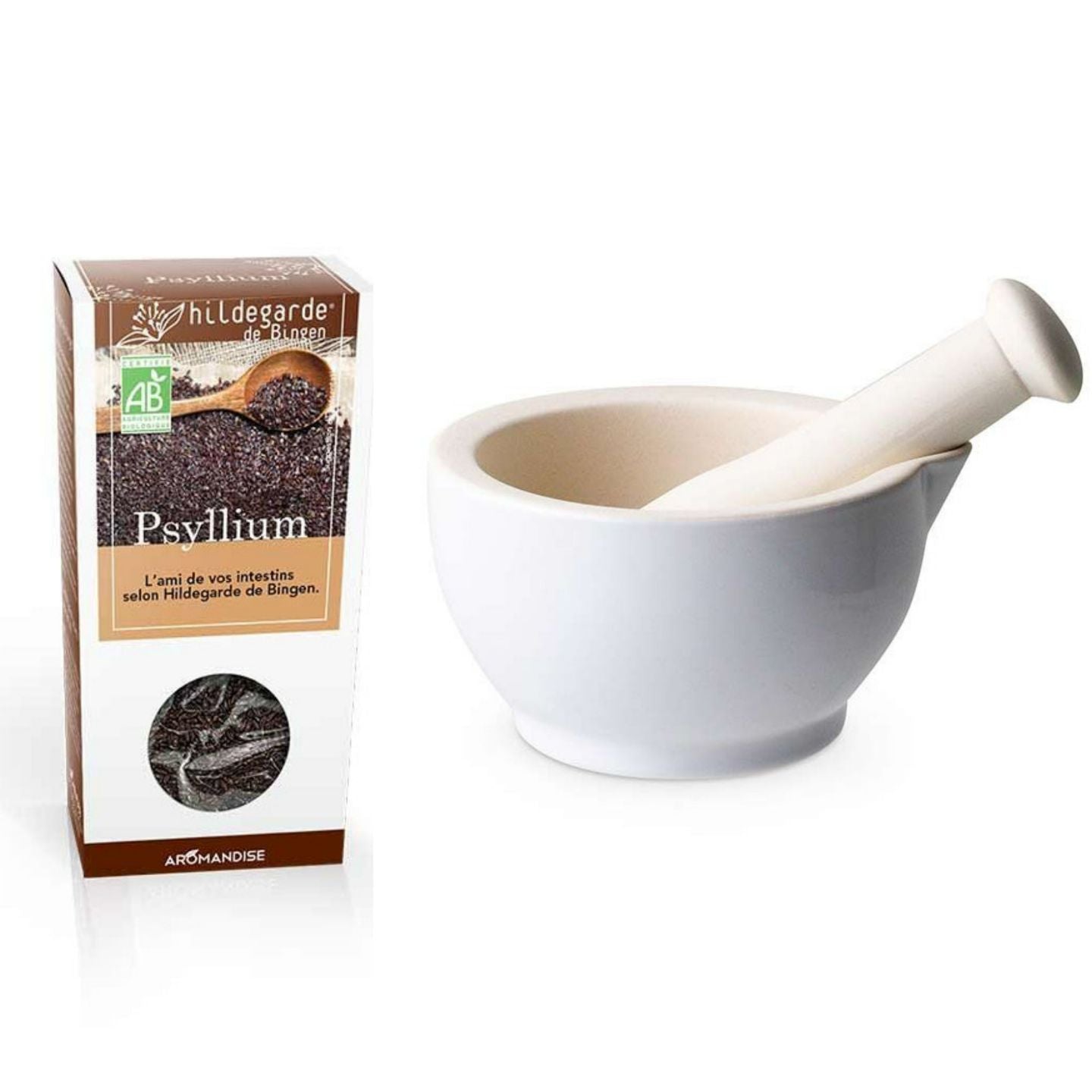 Mortier et pilon en grès blanc + Psyllium bio 100 g Aromandise - Mathon
