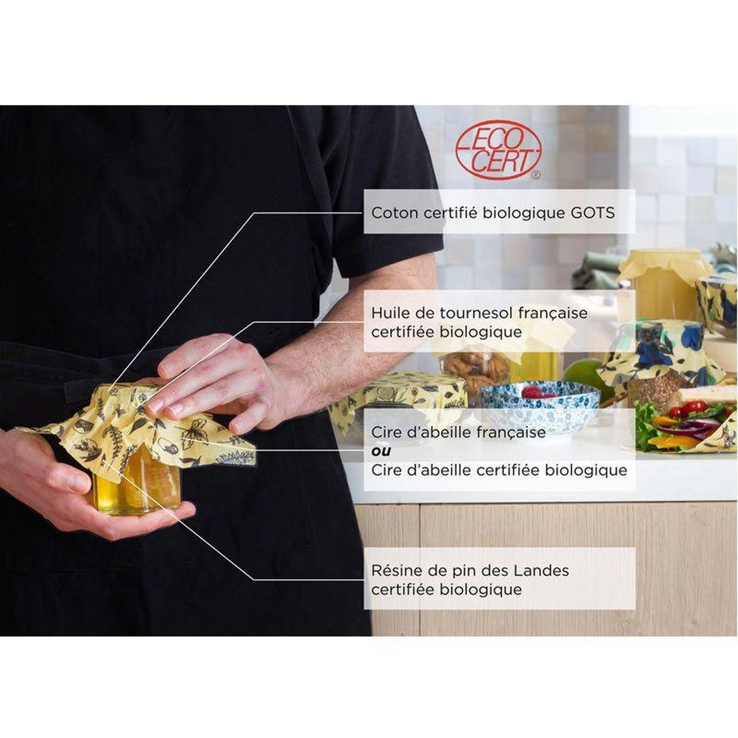 Bee wrap - Emballage alimentaire réutilisable 6 feuilles - Nature noir et blanc Chevalier diffusion - Mathon