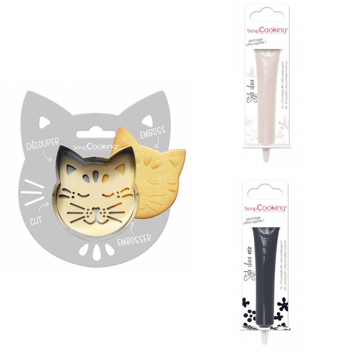 Kit pour biscuit en relief Chat + 2 Stylos au chocolat blanc et noir Scrapcooking - Mathon