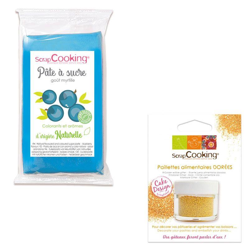 Pâte à sucre bleu 250 g arôme myrtille + paillettes dorées Scrapcooking - Mathon