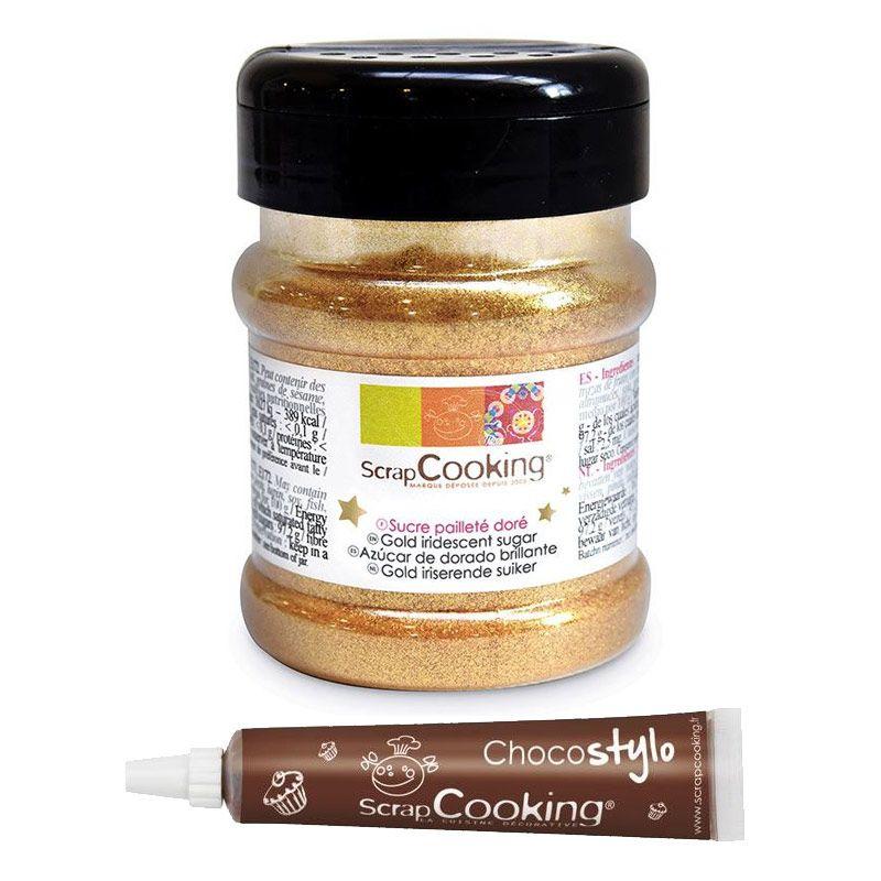 Sucre pailleté doré 160 g + 1 Stylo chocolat Scrapcooking - Mathon