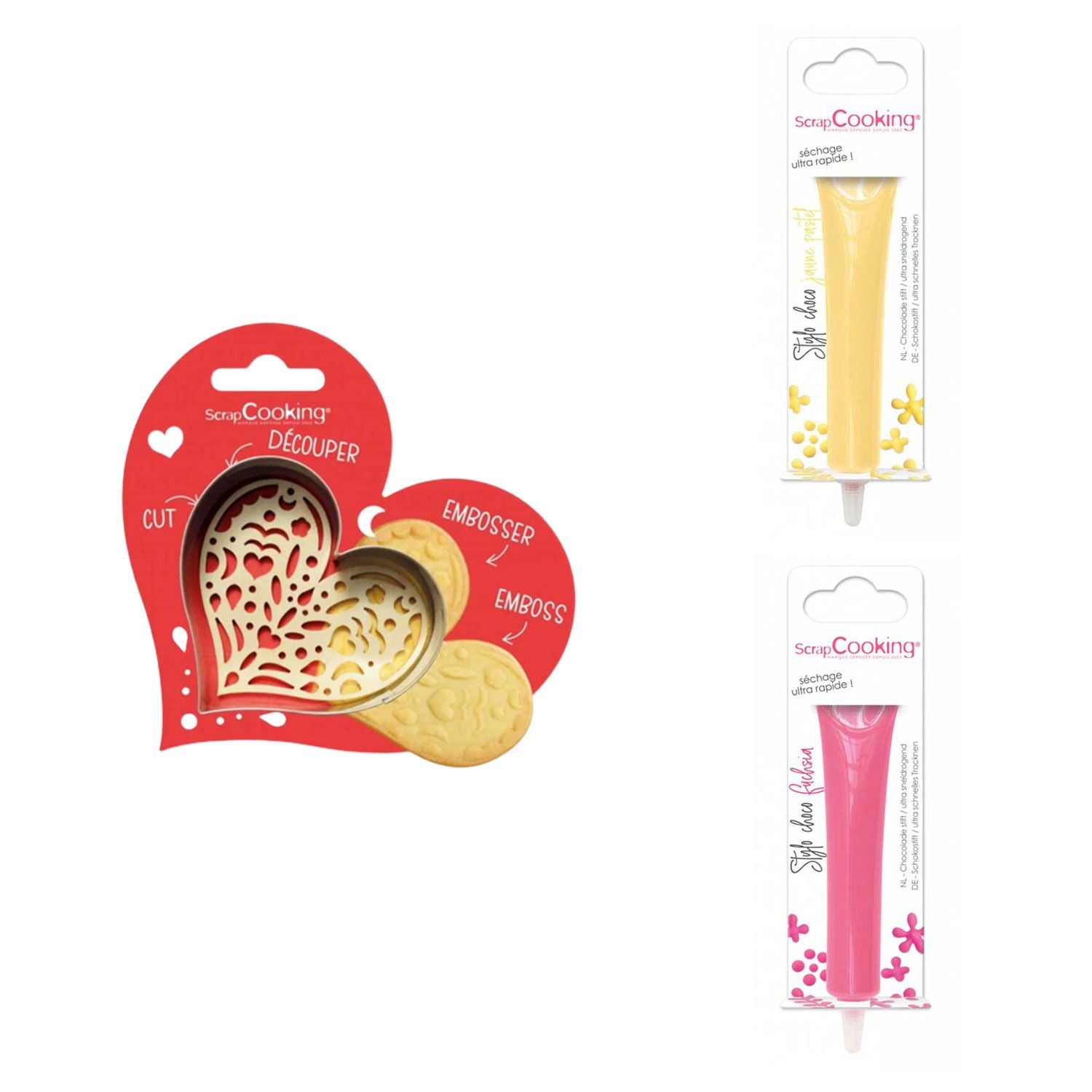 Kit pour biscuit en relief Coeur + 2 Stylos au chocolat jaune pastel et fuchsia Scrapcooking - Mathon