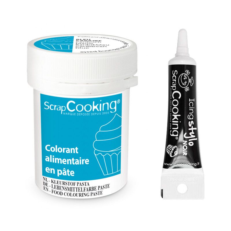 Colorant alimentaire en pâte 20 g Bleu Caraïbes + Stylo de glaçage noir Scrapcooking - Mathon