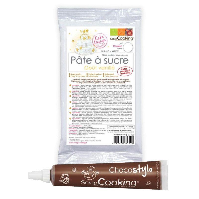 Pâte à sucre blanche arôme vanille 250 g + Stylo chocolat Scrapcooking - Mathon