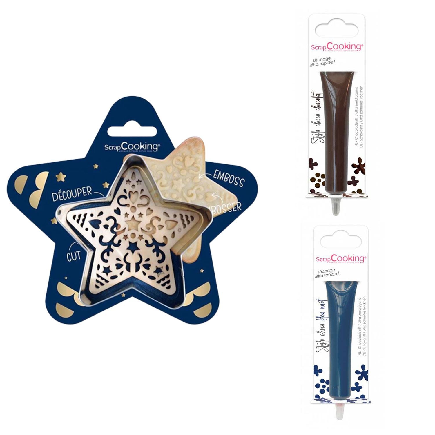 Kit pour biscuit en relief Étoile + 2 Stylos au chocolat marron et bleu nuit Scrapcooking - Mathon
