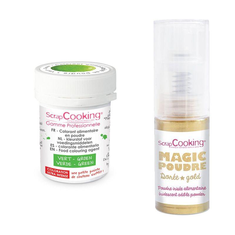 Colorant alimentaire en poudre vert + Poudre alimentaire irisée dorée Scrapcooking - Mathon