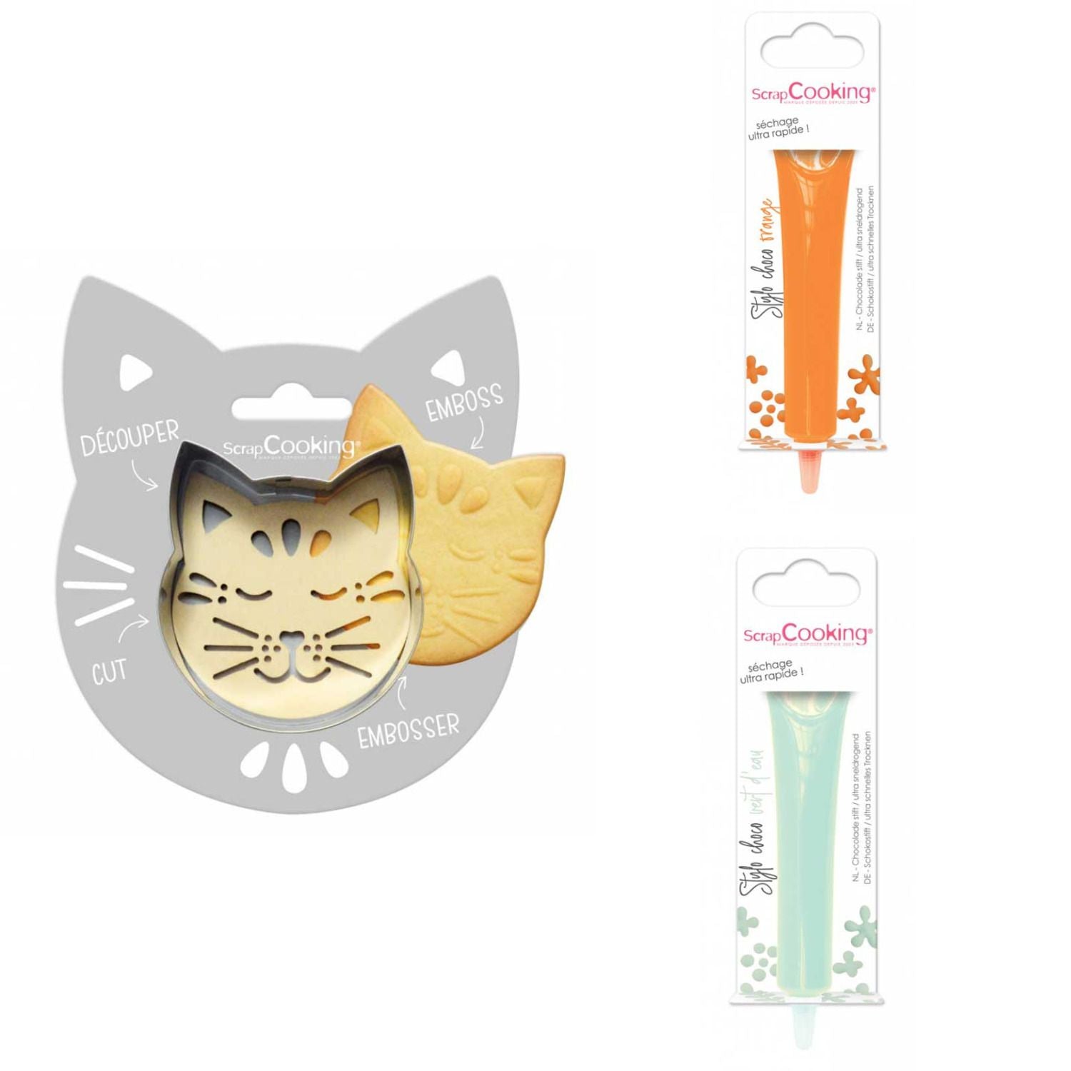 Kit pour biscuit en relief Chat + 2 Stylos au chocolat orange et vert d