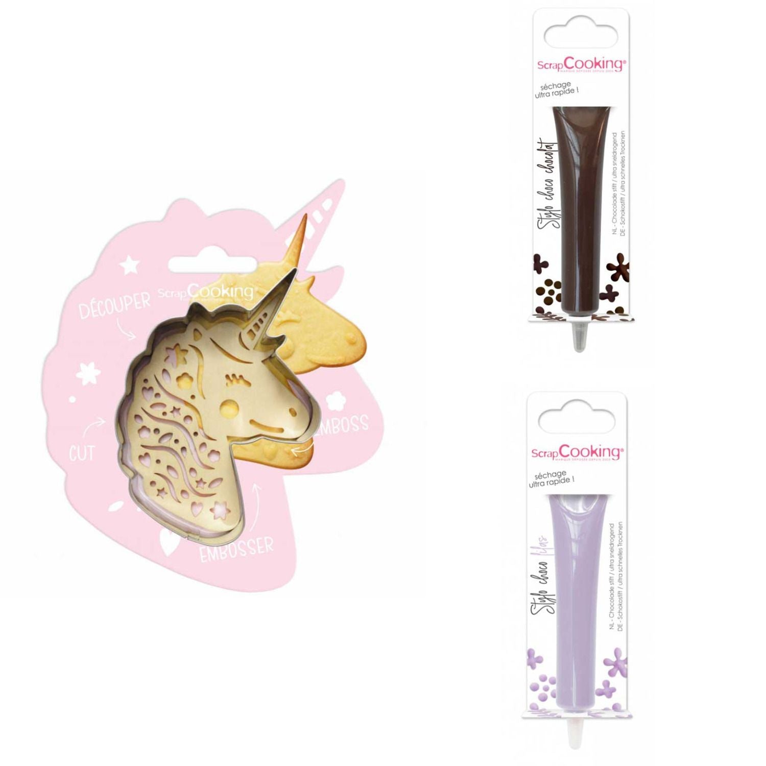Kit pour biscuit en relief Licorne + 2 Stylos au chocolat marron et lilas Scrapcooking - Mathon