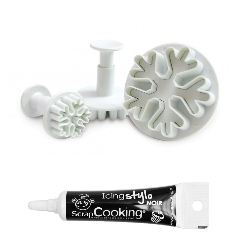 3 découpoirs et éjecteurs pâte à sucre Flocons + Stylo glaçage noir Scrapcooking - Mathon