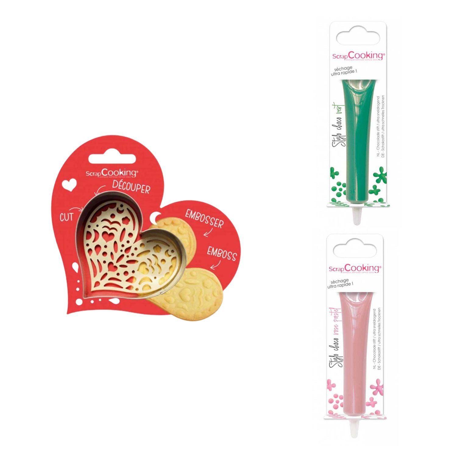 Kit pour biscuit en relief Coeur + 2 Stylos au chocolat vert et rose pastel Scrapcooking - Mathon