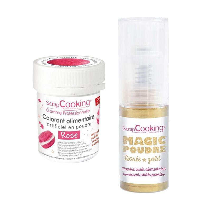Colorant alimentaire Rose + Poudre alimentaire irisée dorée Scrapcooking - Mathon