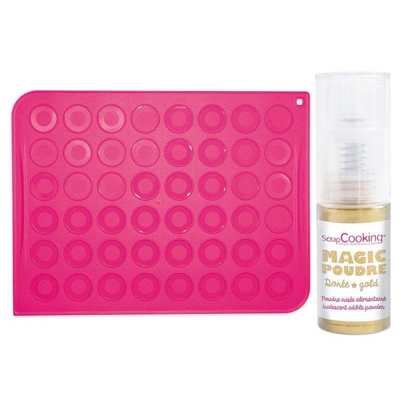 Tapis silicone pour macarons + 1 poudre alimentaire irisée dorée Scrapcooking - Mathon