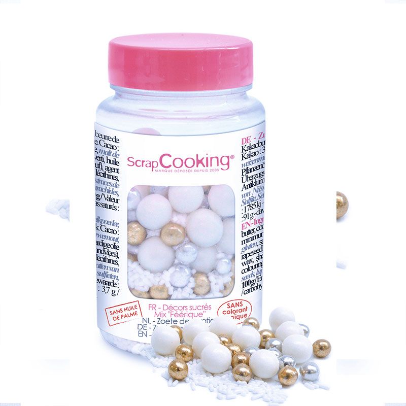 Pot de perles en sucre 80 g, doré, argent et blanc Scrapcooking - Mathon