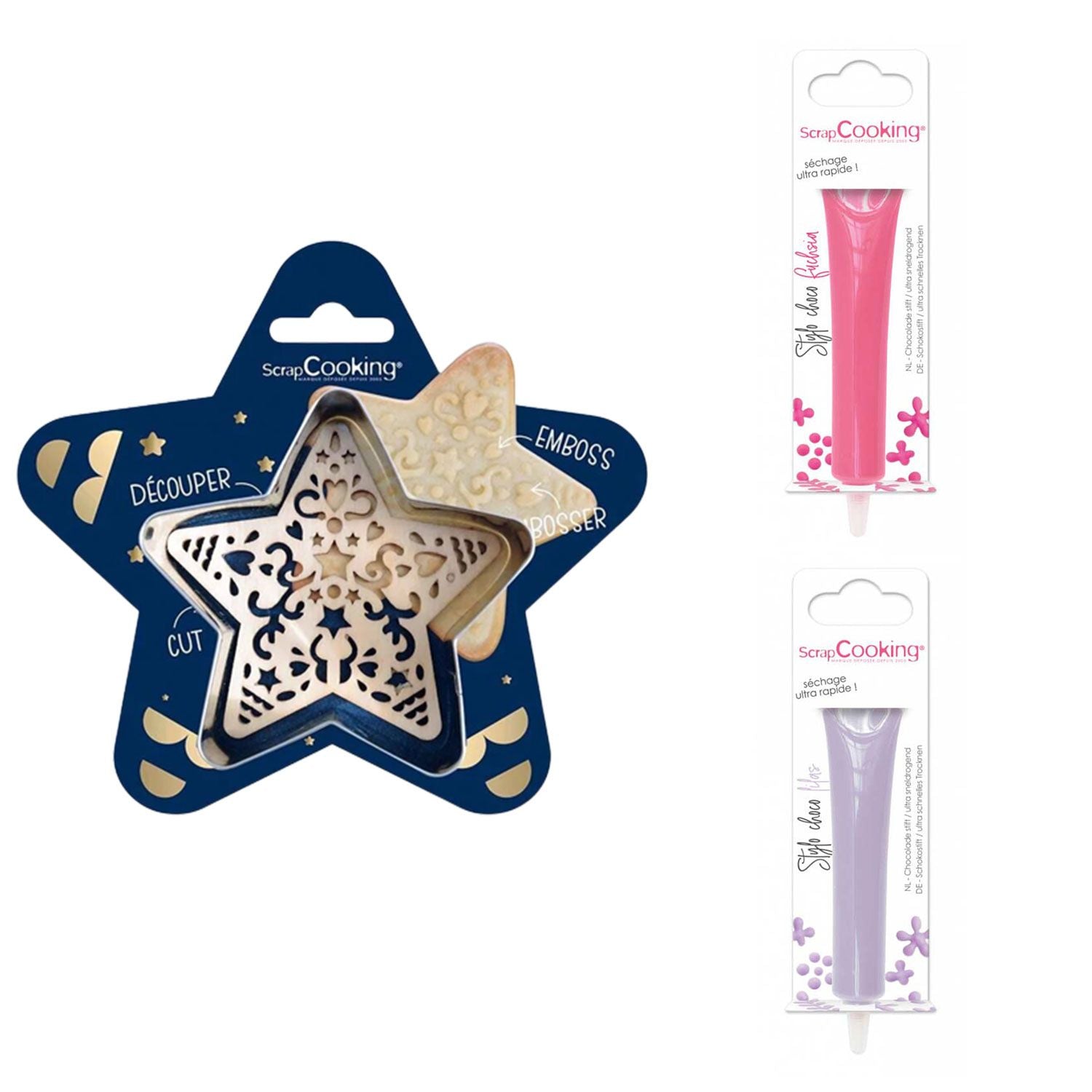 Kit pour biscuit en relief Étoile + 2 Stylos au chocolat lilas et fuchsia Scrapcooking - Mathon