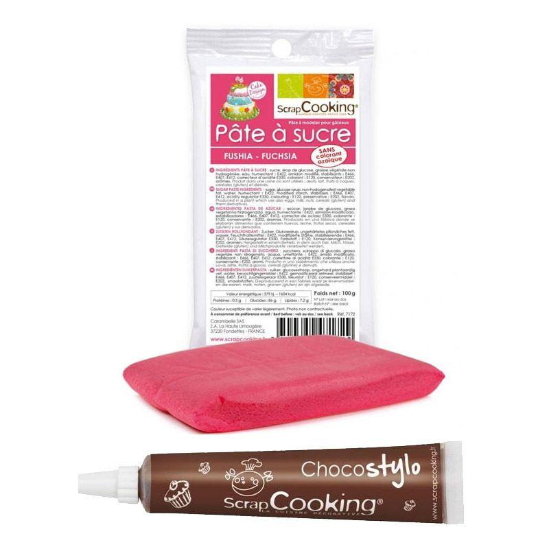 Stylo chocolat + Pâte à sucre fuschia 100 g Scrapcooking - Mathon