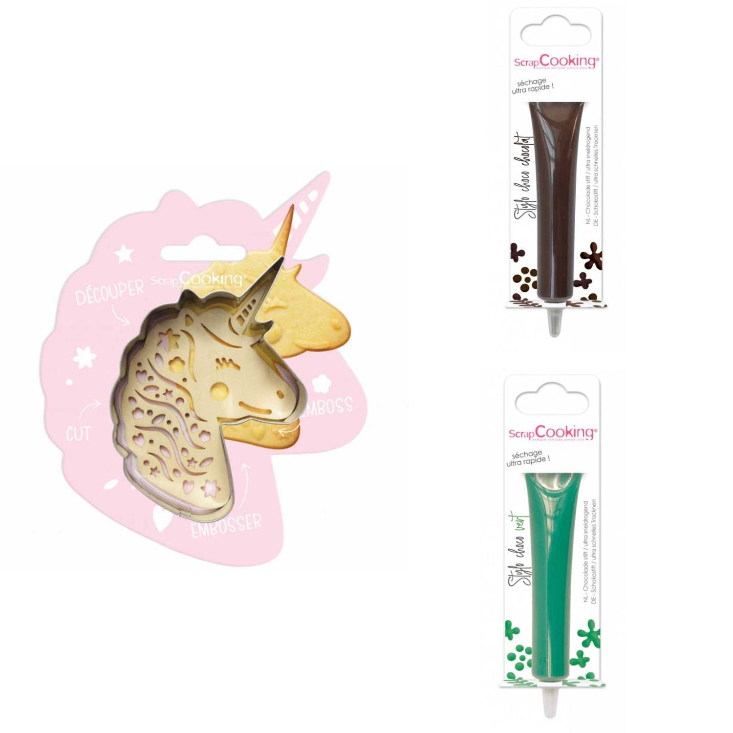 Kit pour biscuit en relief Licorne + 2 Stylos au chocolat marron et vert Scrapcooking - Mathon