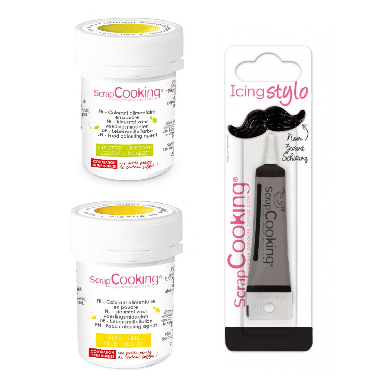 2 colorants alimentaires jaune-vert citron + Stylo glaçage noir Scrapcooking - Mathon