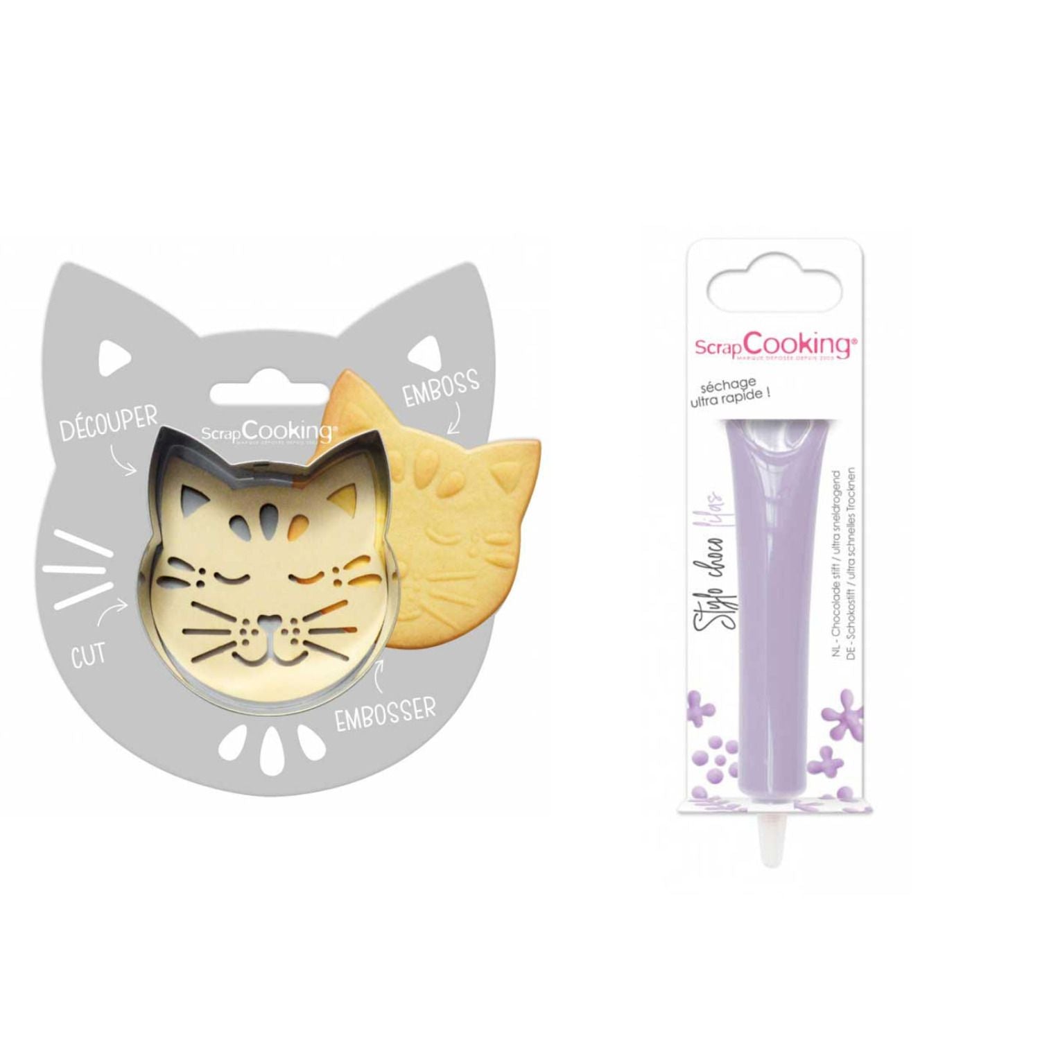 Kit pour biscuit en relief Chat + Stylo au chocolat lilas Scrapcooking - Mathon