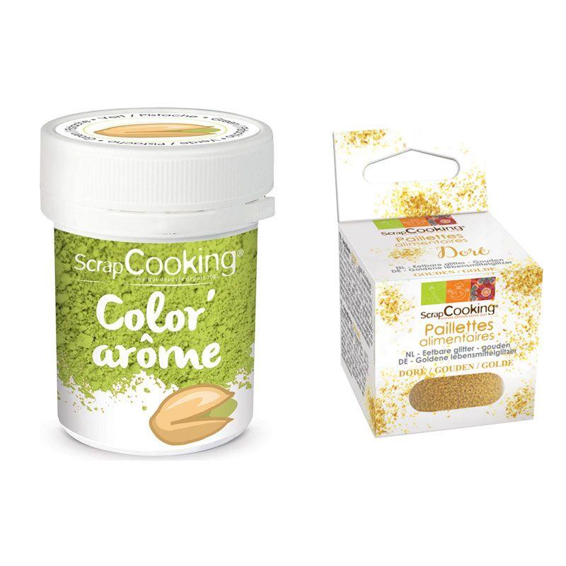 Colorant alimentaire vert arôme pistache + paillettes dorées Scrapcooking - Mathon