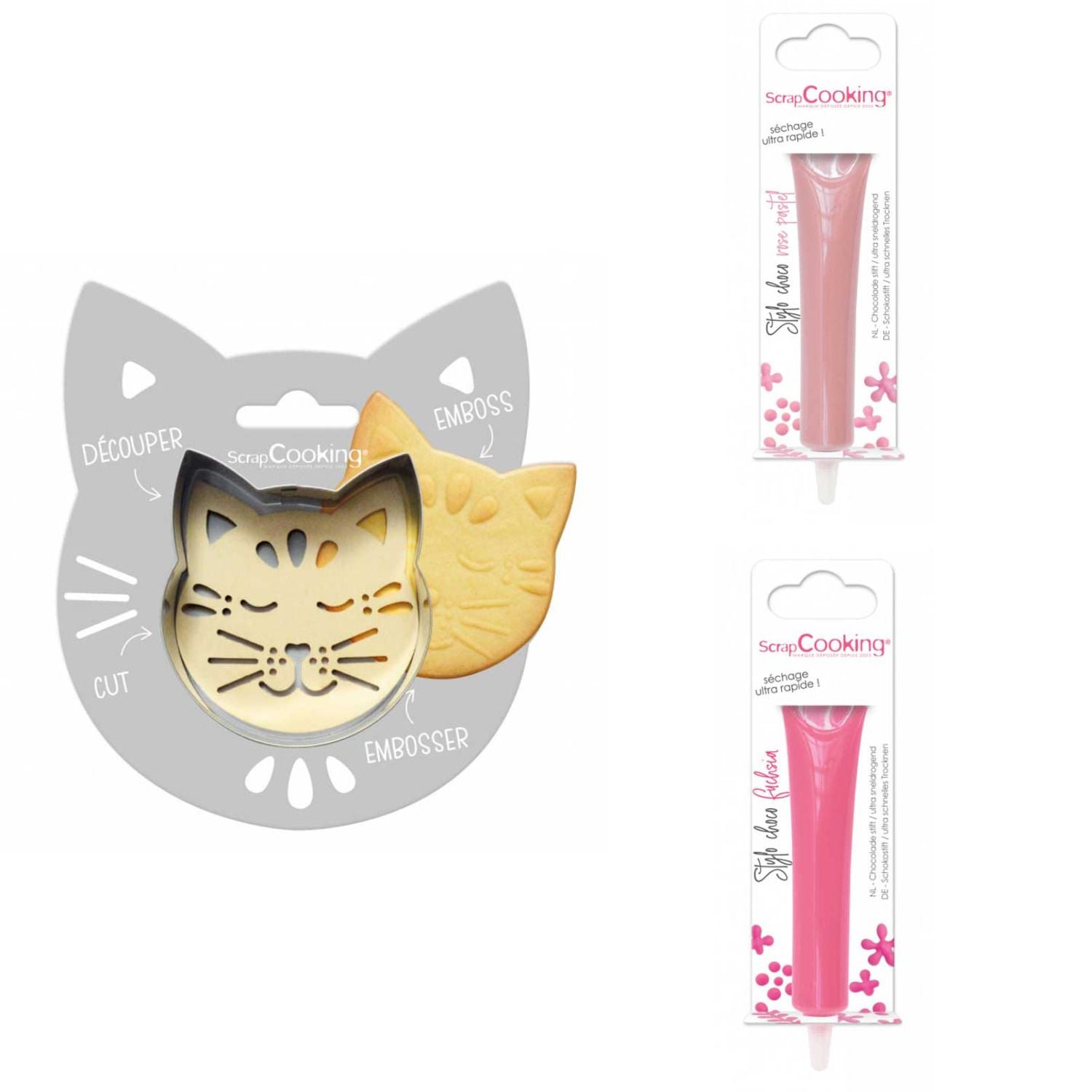 Kit pour biscuit en relief Chat + 2 Stylos au chocolat rose pastel et fuchsia Scrapcooking - Mathon