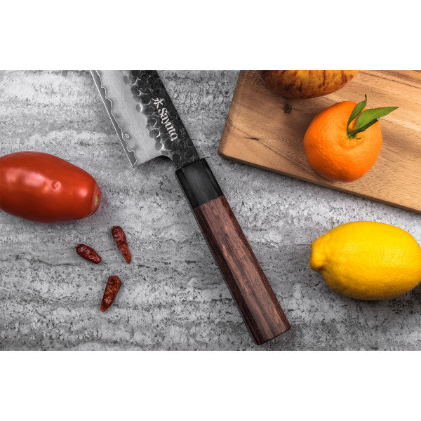 Couteau Sayuto Sequoia San Mai modèle santoku 18cm brute de forge Sayuto - Mathon - 5