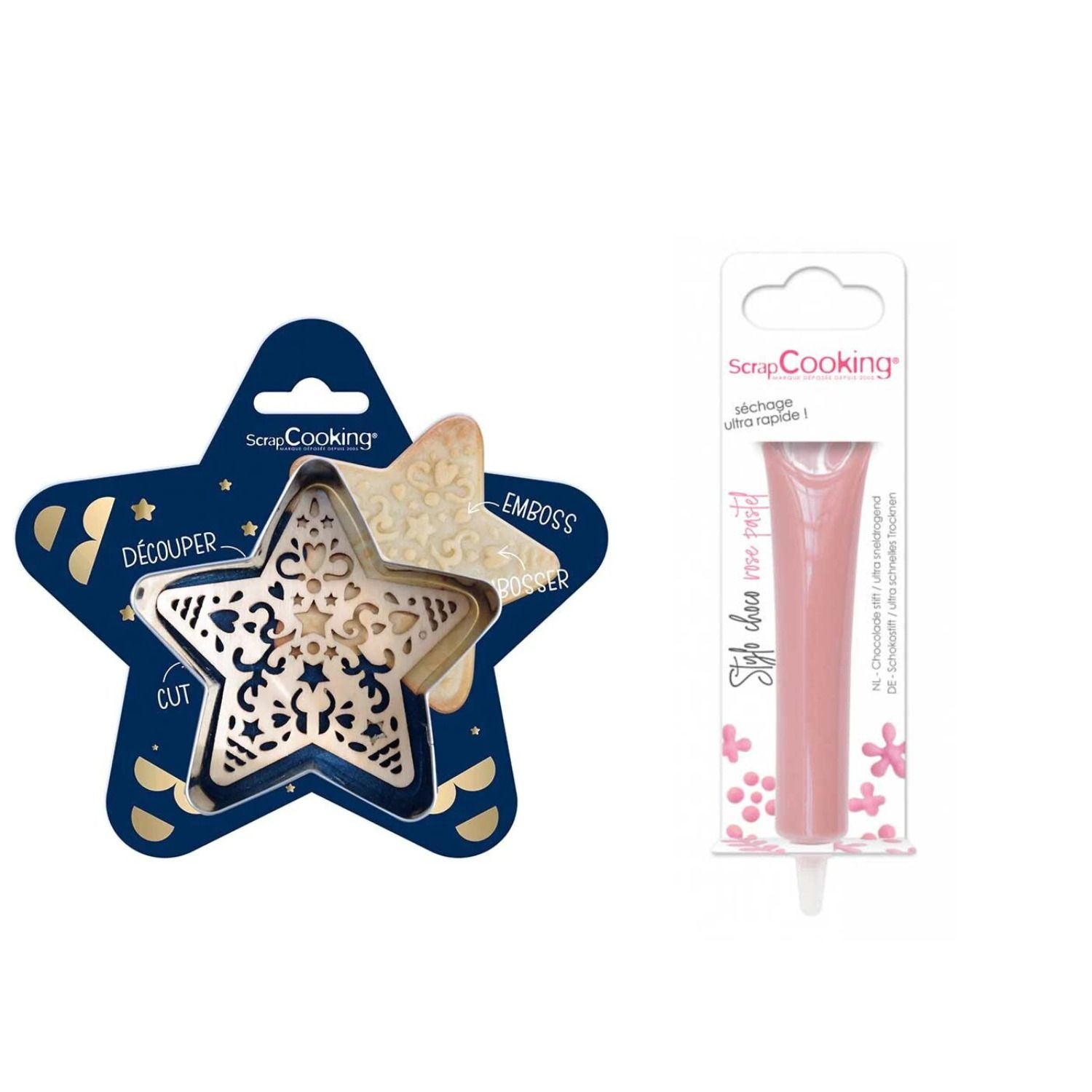Kit pour biscuit en relief Étoile + Stylo au chocolat rose pastel Scrapcooking - Mathon