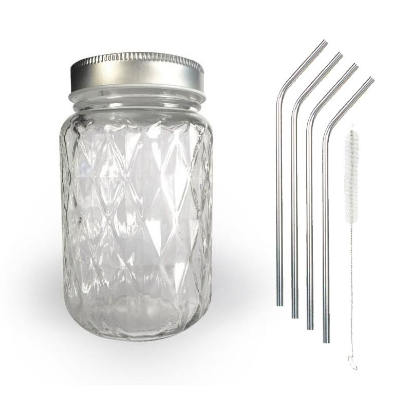 Bocal Mason Jar avec couvercle 37,5 cl diamant + 4 pailles en inox Youdoit - Mathon